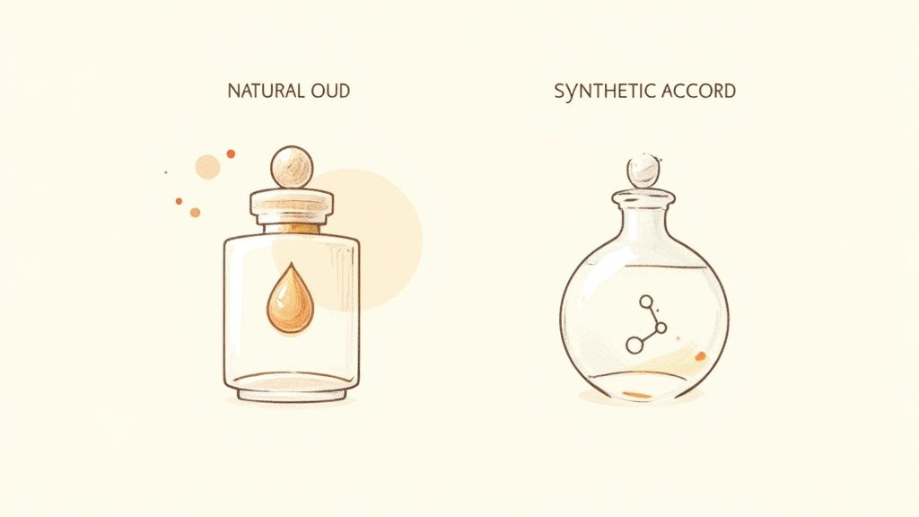 A woman with elegant jewellery applying oud perfume to her wrist