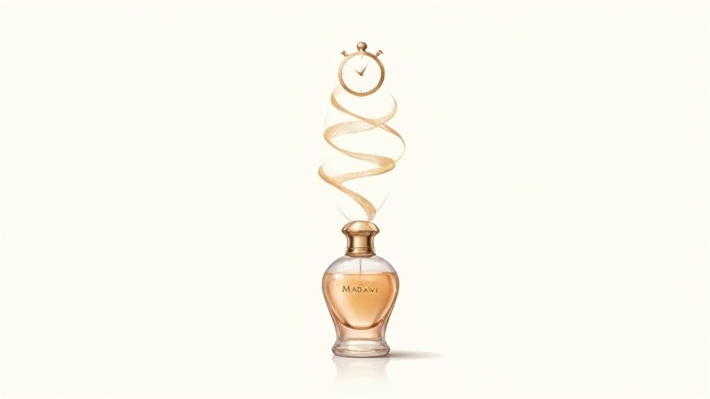 Madawi Arabian Oud perfume bottle with a golden ribbon leading up to a stopwatch against a light background.