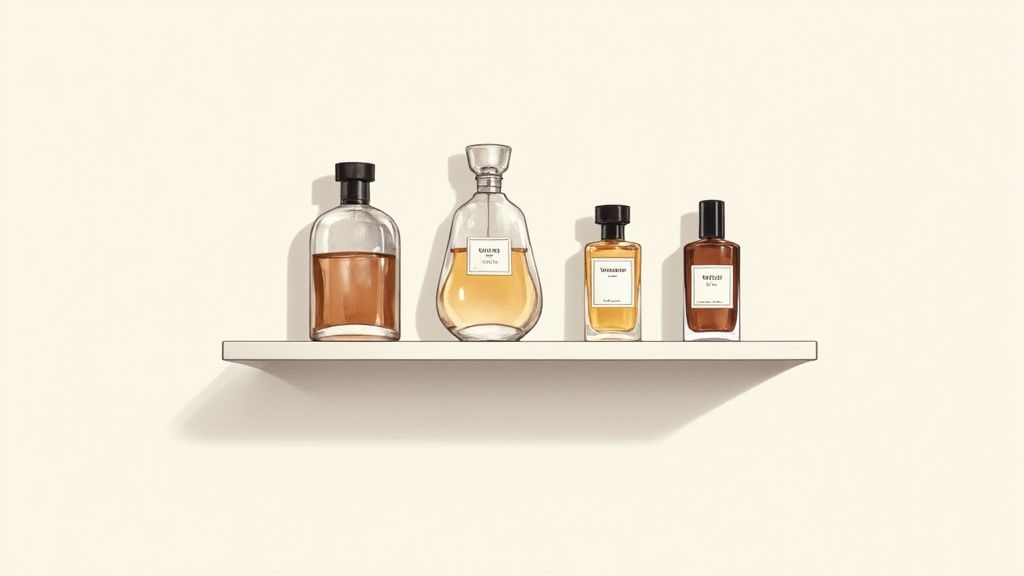 Four elegant perfume bottles with brown and amber liquids displayed on a minimalist white shelf.
