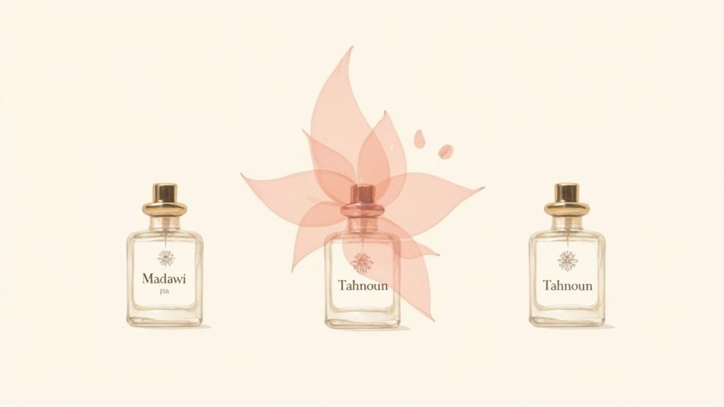 Three elegant perfume bottles, including Madawi Arabian Oud and Tahnoun, with a delicate pink flower.
