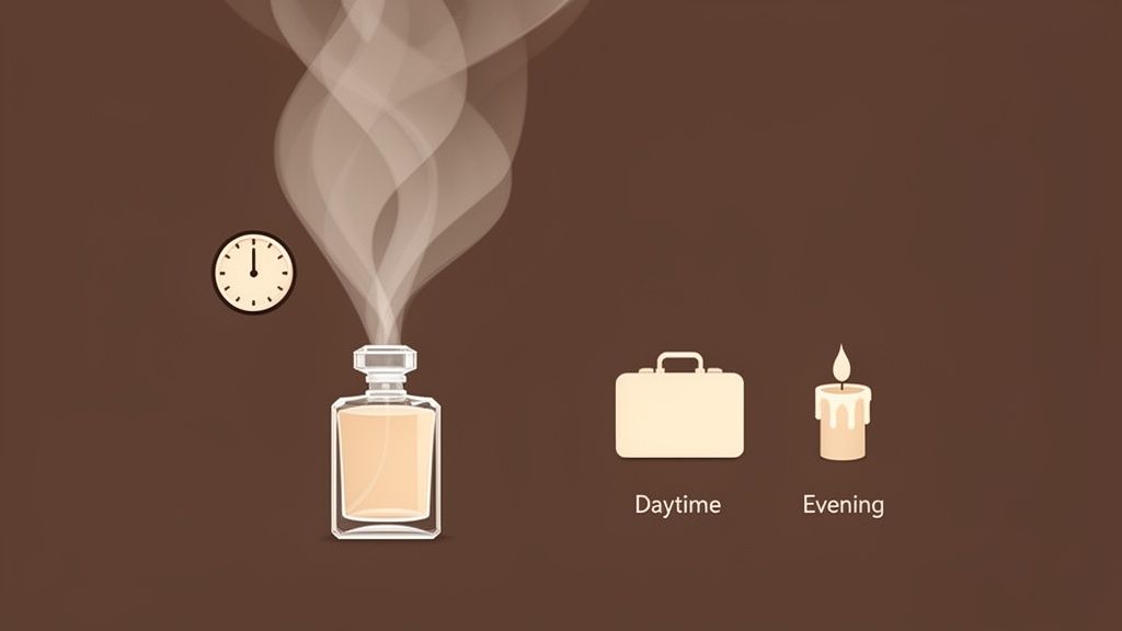 Perfume bottle with a clock, a briefcase for daytime, and a candle for evening, illustrating fragrance occasions.