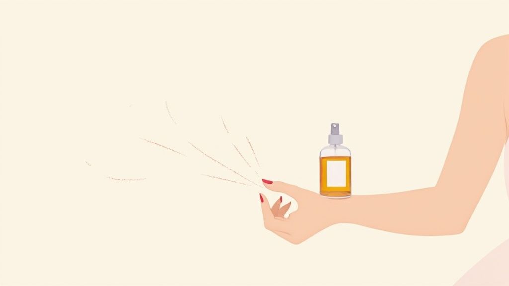 Woman spraying orange-colored perfume from bottle onto her wrist illustration