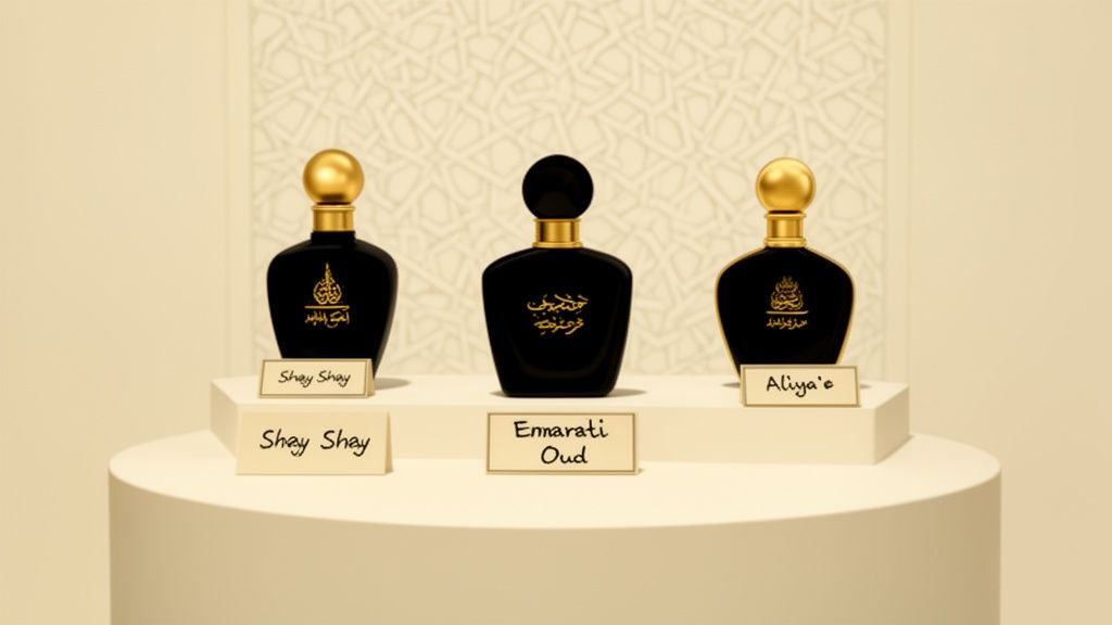 Three elegant black perfume bottles with gold accents and Arabic calligraphy, labeled Shay Shay, Emarrati Oud, and Aliya'e, displayed on a light stand.