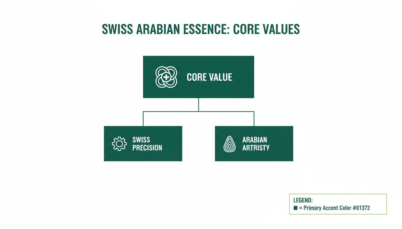 A diagram showing Swiss Arabian Essence core values, including Swiss Precision and Arabian Artistry.
