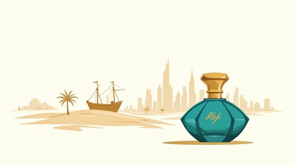 Bottles of Al Reef perfume arranged artfully against a backdrop of rich, warm tones, suggesting luxury and heritage.