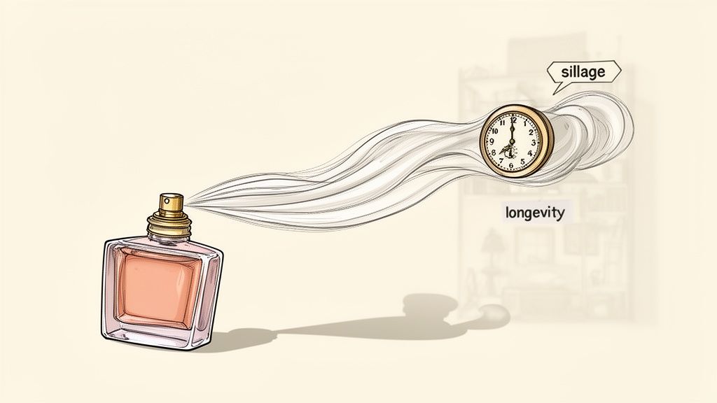 An illustration of a perfume bottle spraying a scent trail around a clock, labeled 'sillage' and 'longevity'.