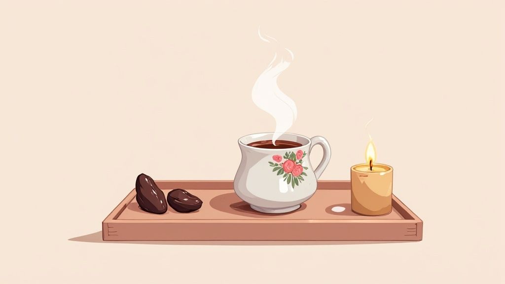 Cozy scene with a steaming mug, two dates, and a lit candle on a wooden tray.