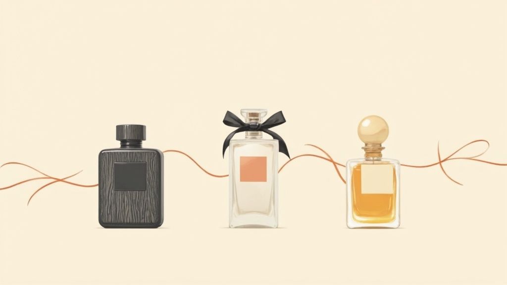 Three distinct perfume bottles, dark, clear with ribbon, and amber, on a cream background with swirling lines.