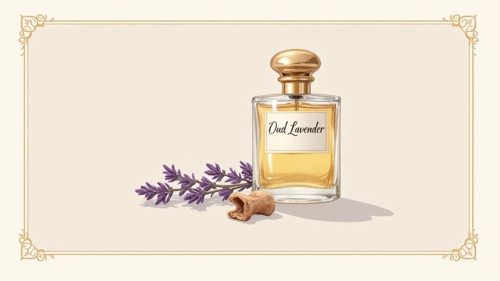 Oud Lavender perfume bottle with lavender sprigs and oud wood, framed with gold accents.