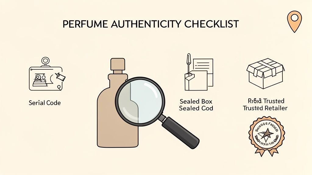 An infographic illustrating a perfume authenticity checklist with serial code, sealed packaging, trusted retailer, and product inspection.
