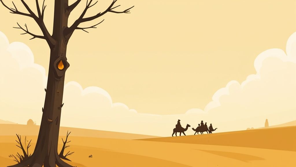 An ancient marketplace scene with traders handling spices, resins, and perfume ingredients, evoking the historical trade of oud and musk.