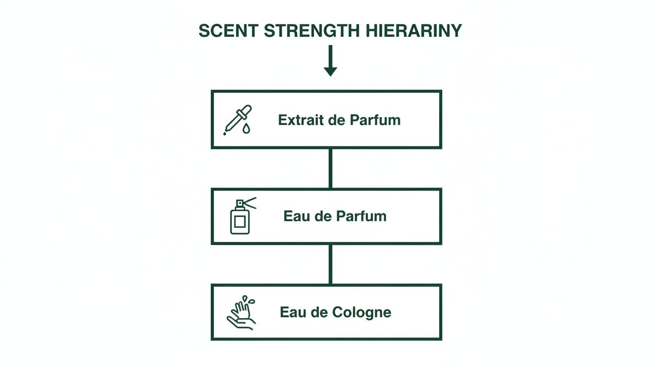 A flowchart illustrates the scent strength hierarchy, listing Extrait de Parfum, Eau de Parfum, and Eau de Cologne.