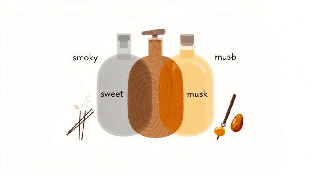 Three perfume bottles illustrating smoky, sweet, and musk fragrance profiles with incense and amber.