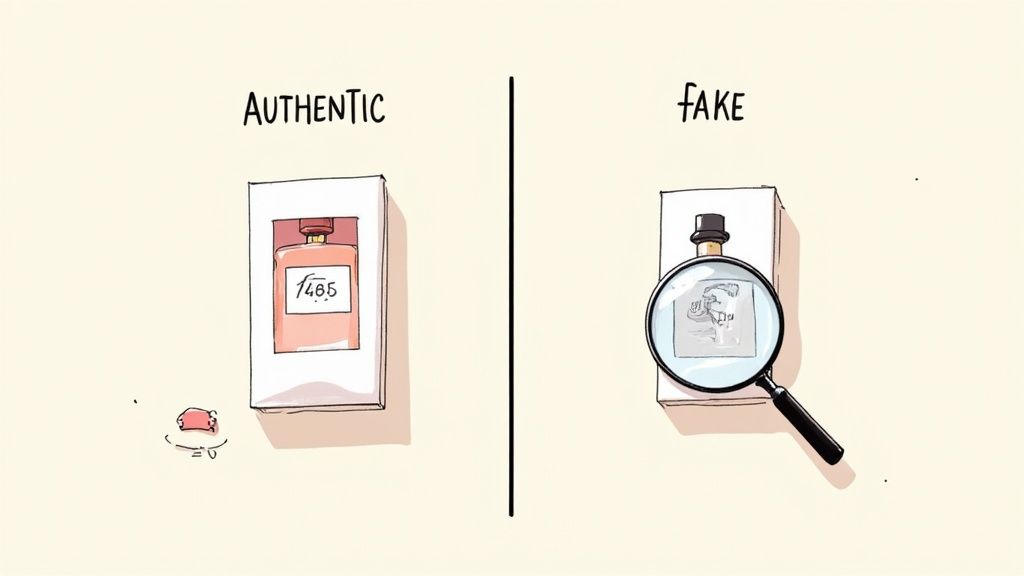 Cartoon comparing authentic perfume with √485 label to a fake bottle with a magnified symbol.