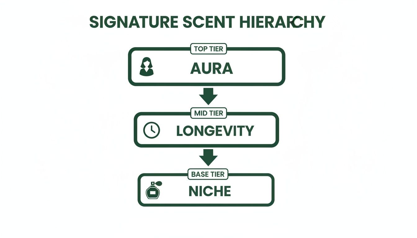 Flowchart illustrating Signature Scent Hierarchy with Aura, Longevity, and Niche tiers.