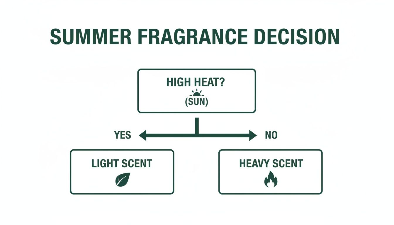 A flowchart guides summer fragrance decisions: high heat suggests a light scent, while no high heat suggests a heavy scent.