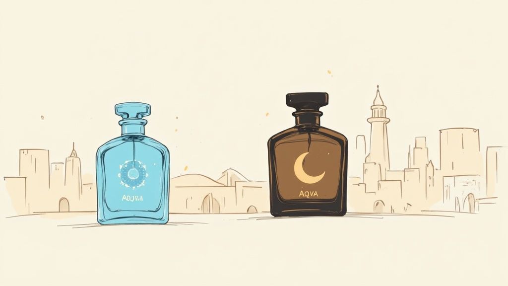 Two illustrative perfume bottles, one blue with a sun design and one brown with a moon, against a desert cityscape.