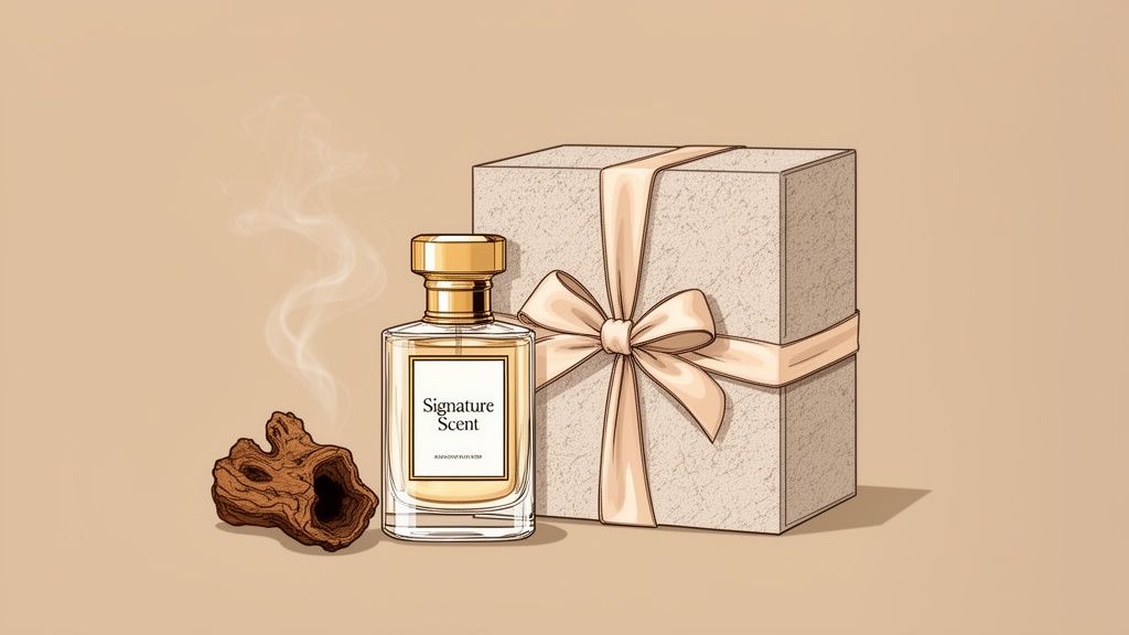 A luxury perfume bottle with a golden cap, a smoking piece of wood, and a ribbon-tied gift box on a beige background.