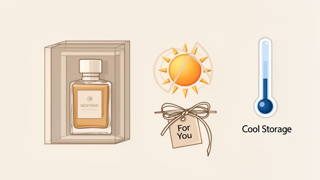 Illustration showing a perfume bottle, instructions for cool storage away from sun, and a 'For You' gift tag.