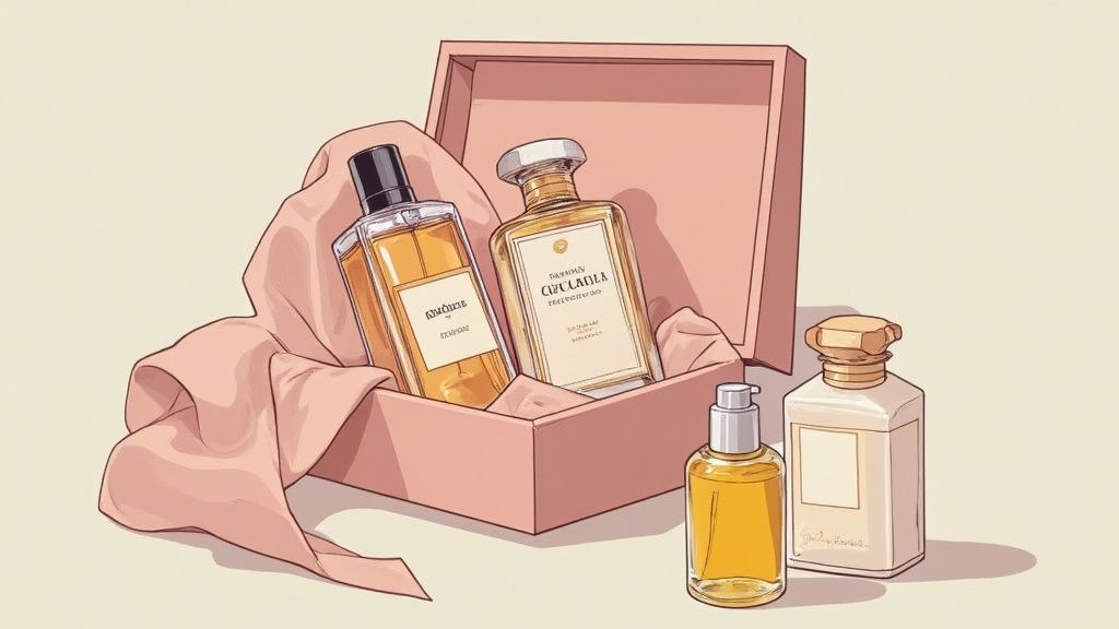 Luxury perfume gift set in pink box with elegant fragrance bottles for wife anniversary