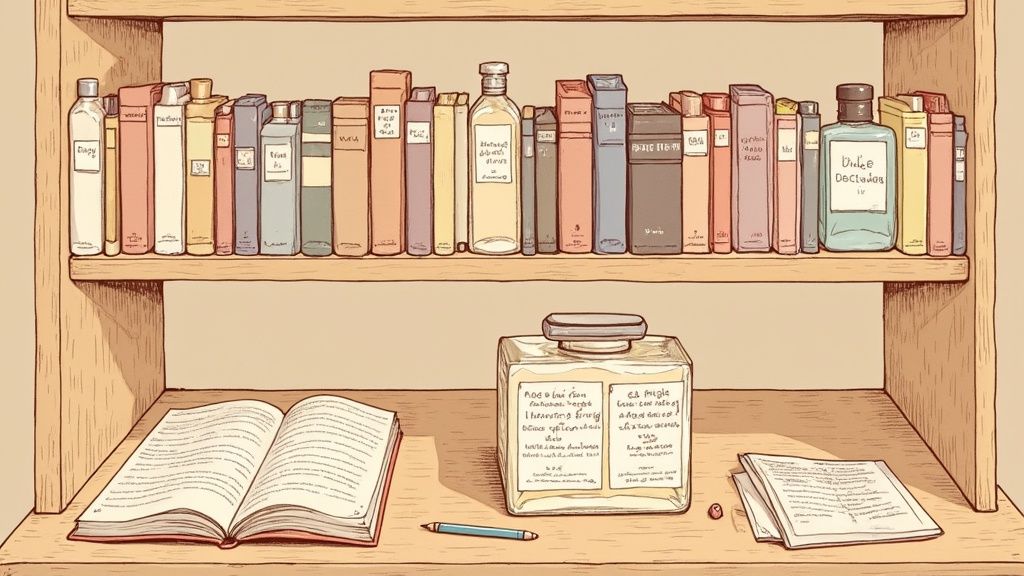 A curated collection of miniature perfume bottles displayed on a shelf, organised artfully.