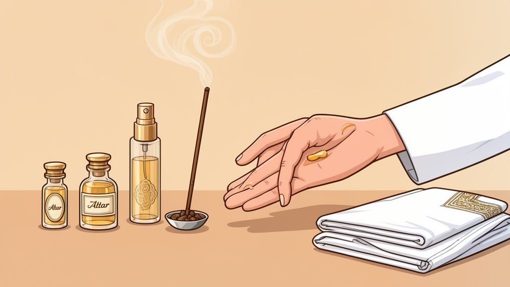Traditional perfumery items: attar oils, incense, spray bottle, hand with oud resin, and white folded garments.