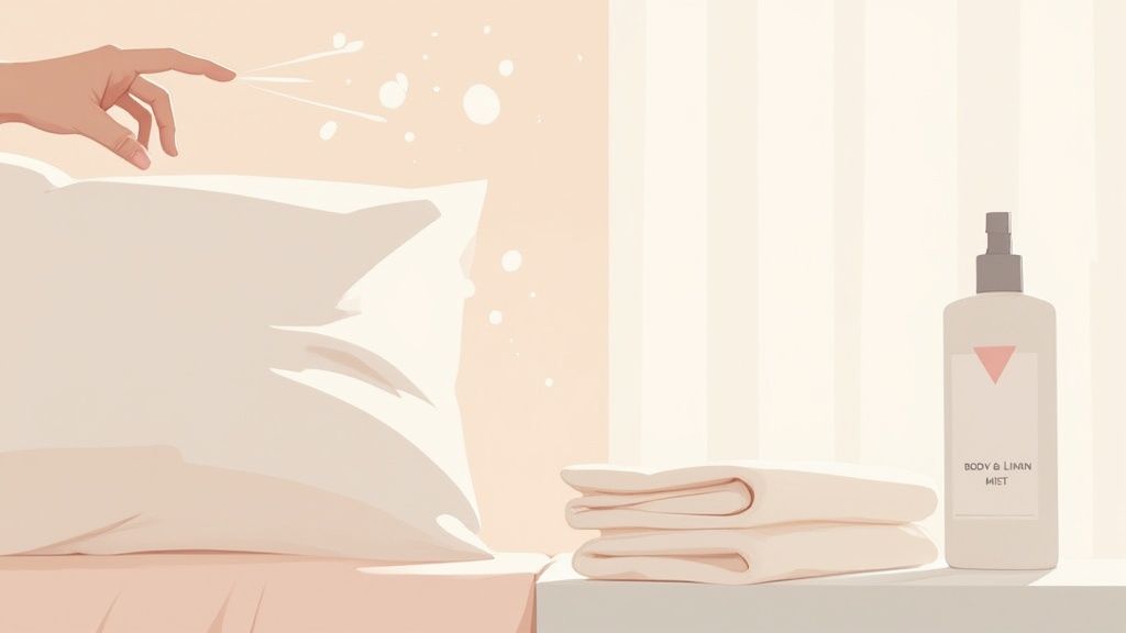 A bottle of Body & Linen Mist next to clean, folded linens.