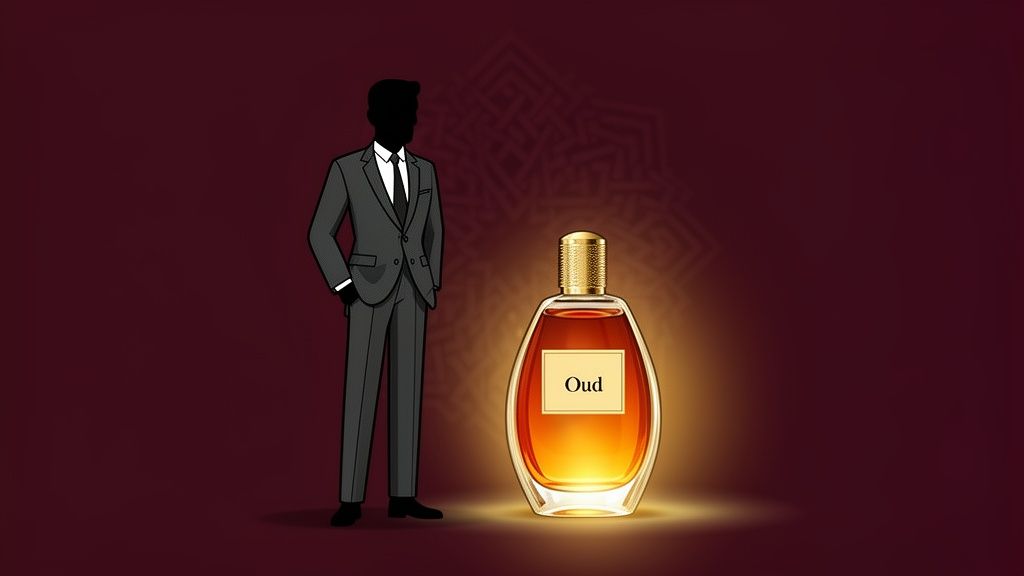 A stylized man in a suit stands next to a glowing bottle of Oud perfume.