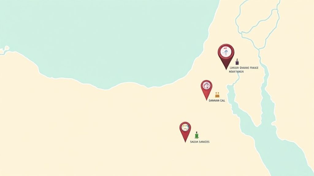 Map showing three marked locations in the Arabian Peninsula with details on perfume and research.