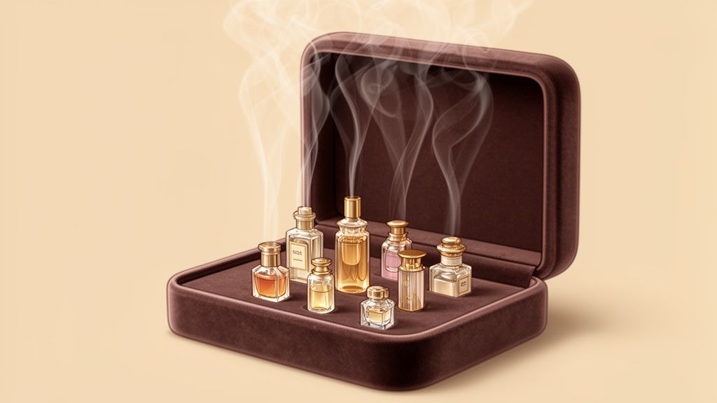 An open brown velvet box showcasing a collection of small elegant perfume bottles with rising vapor.