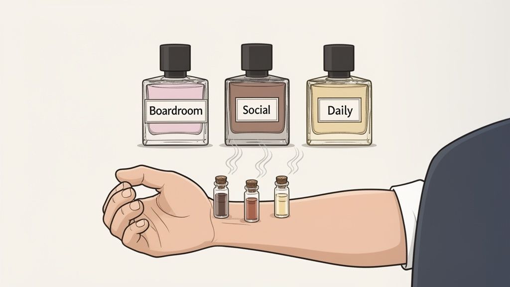 Three perfume bottles labeled Boardroom, Social, and Daily, with matching scents on a person's wrist.