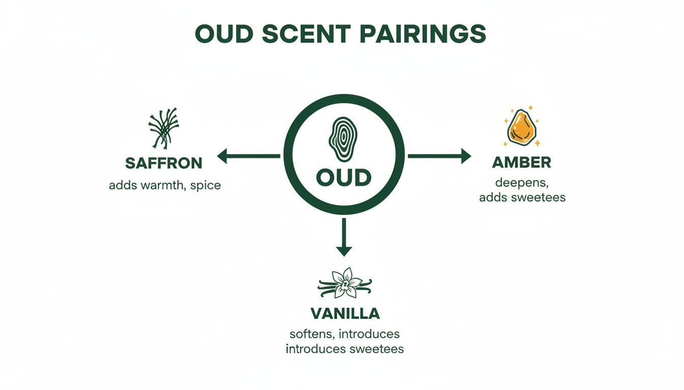 Diagram illustrating oud scent pairings with saffron for warmth, amber for depth, and vanilla for softness.