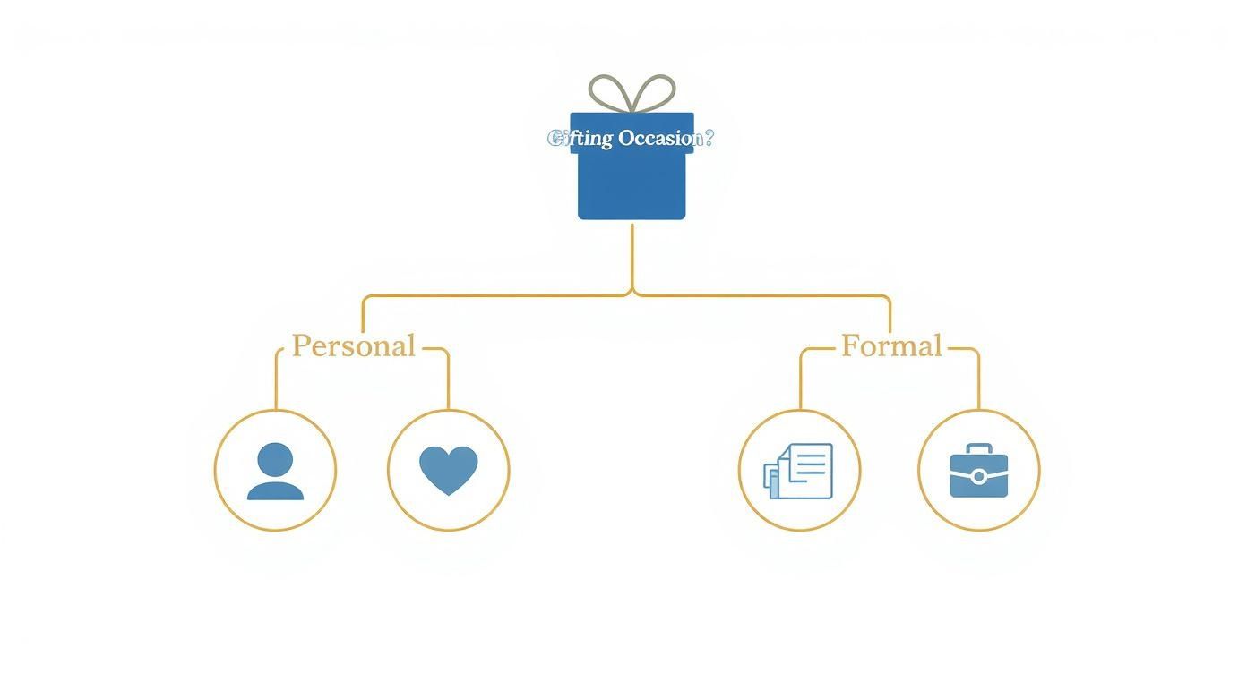 Flowchart illustrating gifting occasions categorized into personal (friends, love) and formal (business, official) types.