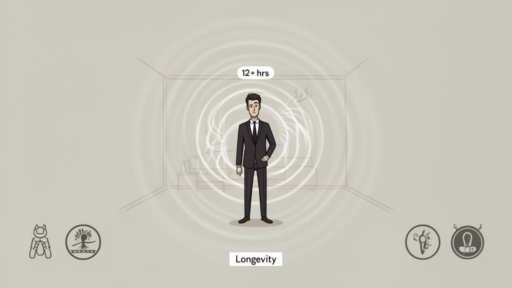 A cartoon man in a suit stands in a room with swirling light, text reads "12+ hrs" and "Longevity".