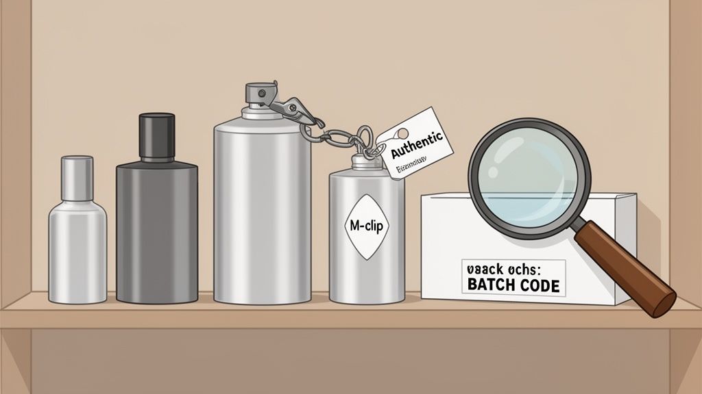 A magnifying glass on a shelf next to various bottles and a box showing a 'BATCH CODE'.
