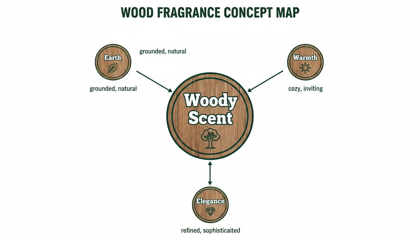 Woody Scent concept map showing earth, warmth, and elegance with descriptive terms.