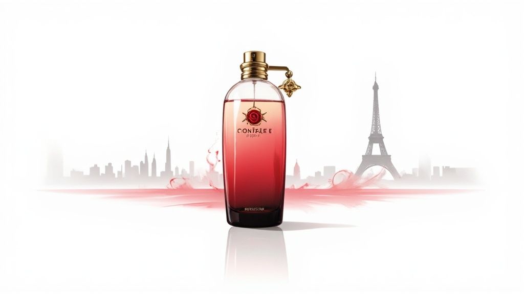 A luxurious bottle of Montale Roses Musk set against a backdrop of fresh pink roses