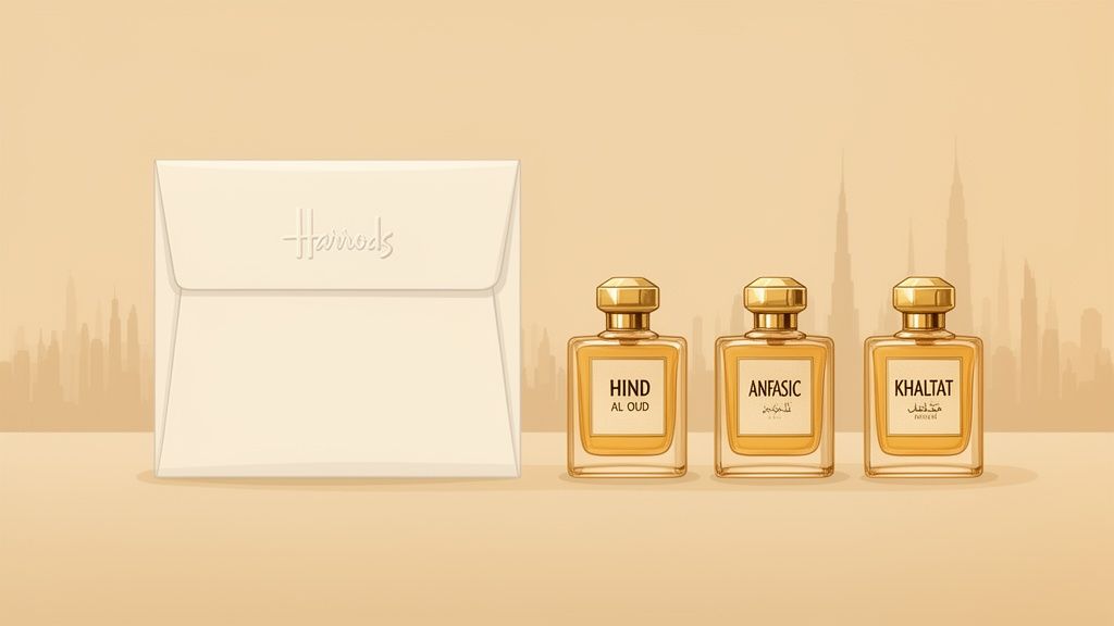 Three perfume bottles labeled Hind Al Oud, Anfasic, and Khaltat next to a Harrods envelope, with a Dubai skyline background.