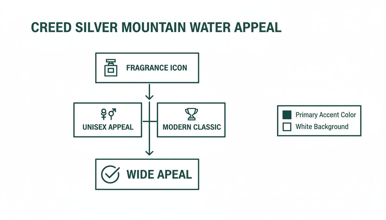 Flowchart illustrating the wide appeal of Creed Silver Mountain Water, highlighting its unisex and modern classic characteristics.