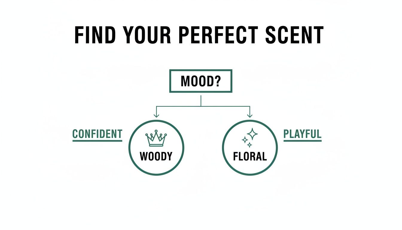 A scent finder flowchart guiding users to woody for confident moods and floral for playful.