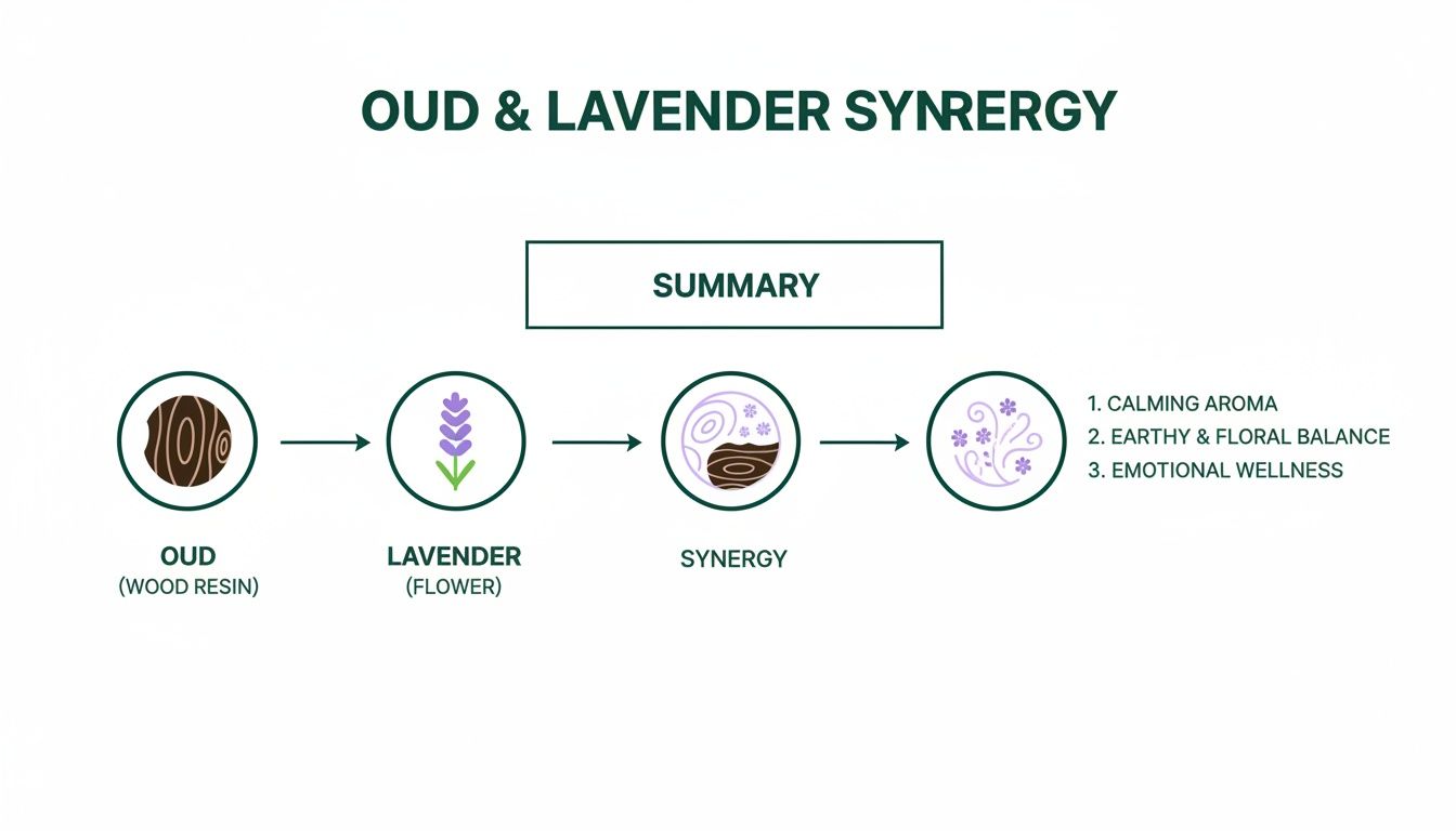 Infographic showing oud and lavender combining for calming aroma, earthy floral balance, and emotional wellness.