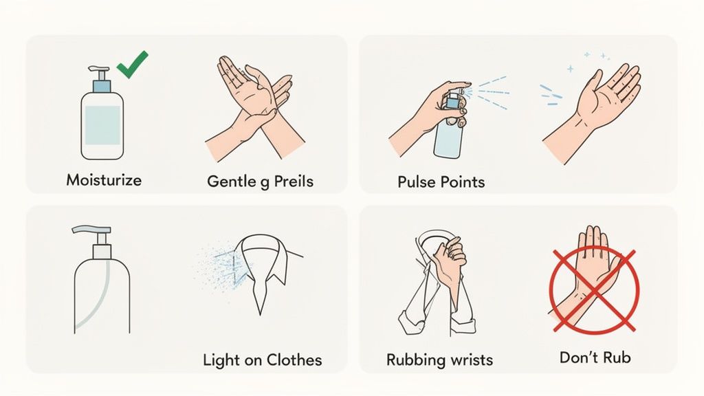 Infographic demonstrating the correct way to apply perfume, showing moisturizing, pulse points, and rubbing warnings.