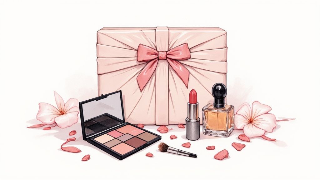 A luxurious makeup gift set beautifully arranged with perfumes and flowers.
