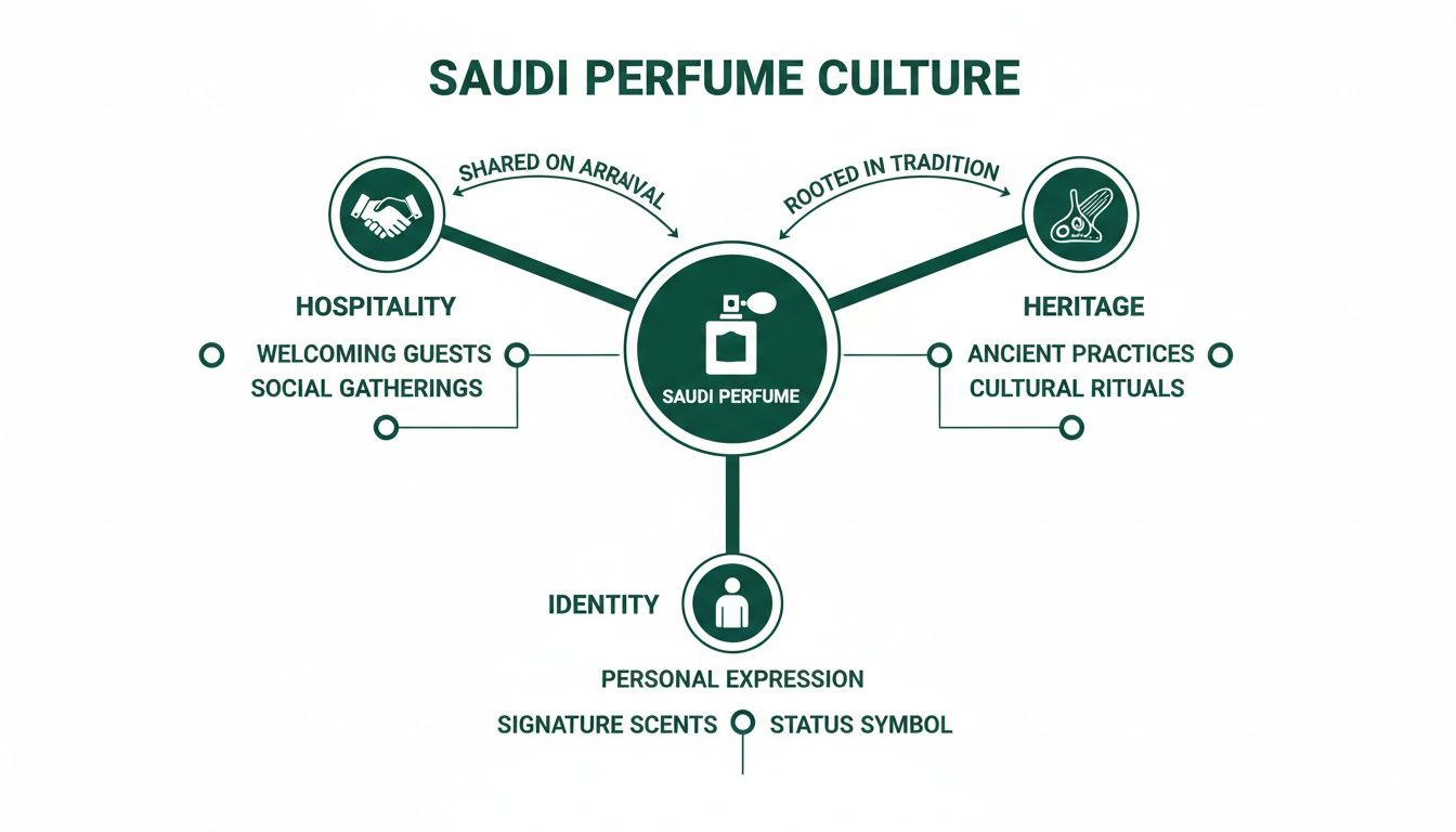 Infographic illustrating Saudi perfume culture, highlighting its roles in hospitality, heritage, and personal identity.