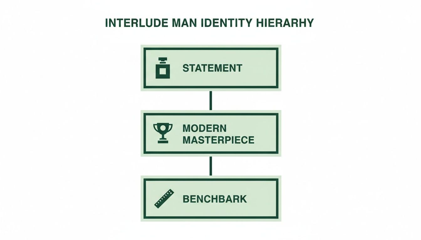 Hierarchy diagram showing Interlude Man identity with Statement, Modern Masterpiece, and Benchbark levels.
