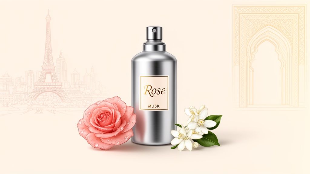 Elegant rose musk perfume bottle, fresh rose, white blossoms, with a blend of Parisian and oriental architectural outlines.