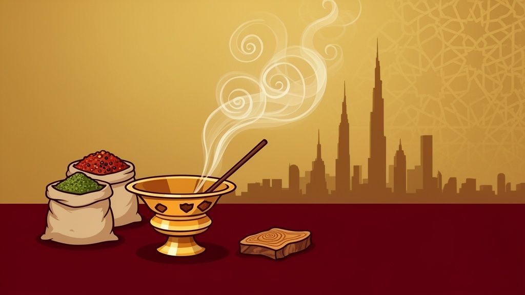 An illustration of traditional Arabian incense, spices, and oud with a Dubai skyline silhouette.
