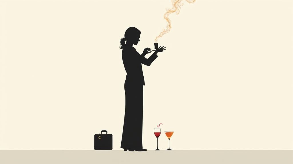 Elegant silhouette of a woman holding a steaming cup, with cocktails and a briefcase on the floor.