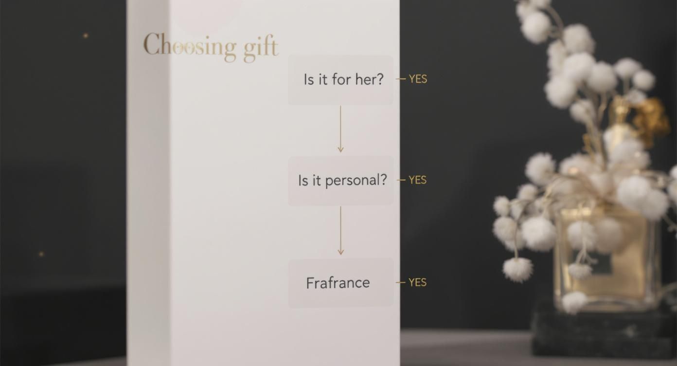 Gift guide flowchart showing decision tree for choosing fragrance as personal gift for her