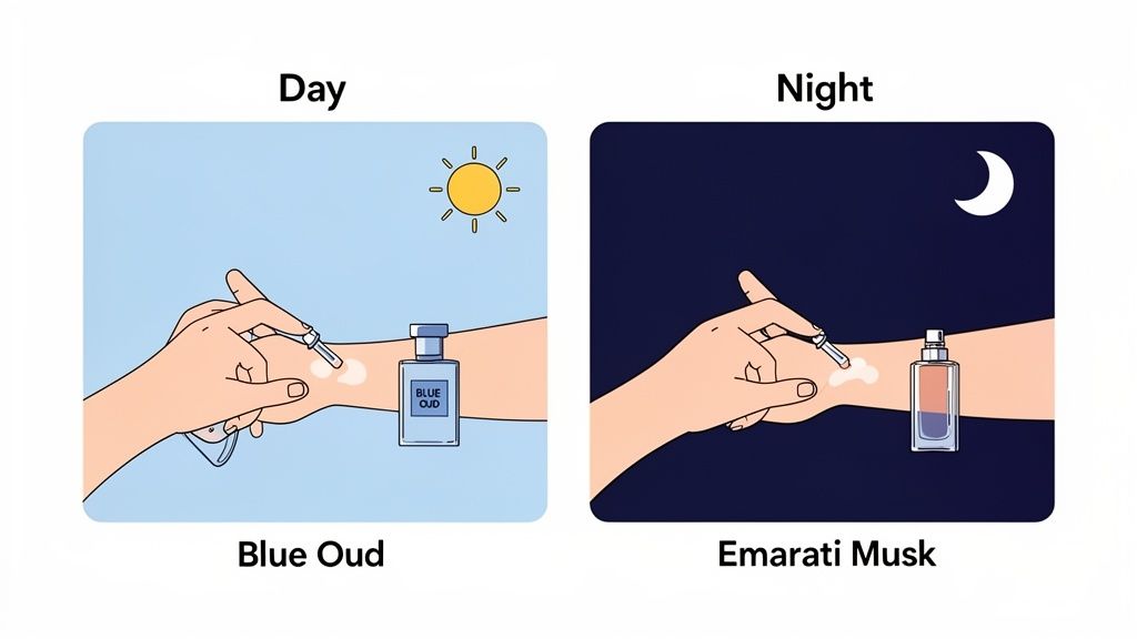 Illustration of hands applying Blue Oud perfume for day and Emarati Musk for night on wrists.